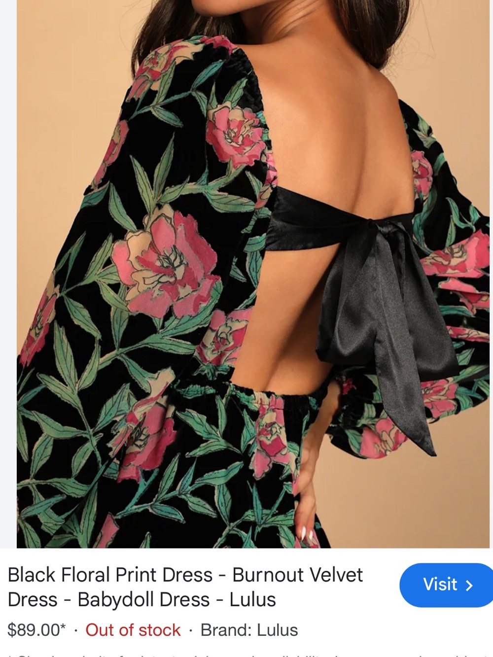 New Lulus floral Velvet Burn Out Babydoll Square Neck Bow Baloon Sleeves fairy